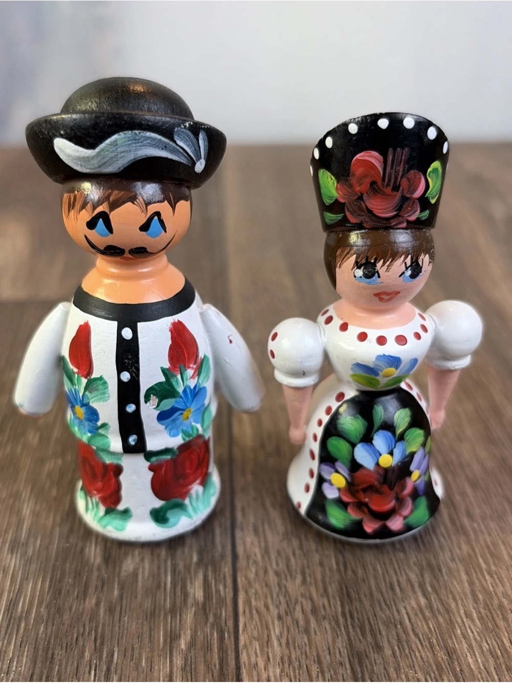 Vintage Hungarian Handpainted Wooden Salt & Pepper Shakers Folk Art Boho Floral